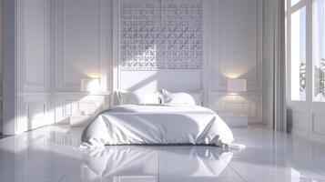 ai generiert zeitgenössisch Eleganz, luxuriös Weiß Schlafzimmer geschmückt mit modern Mauer Dekor foto