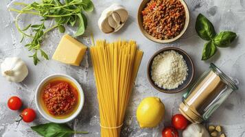 ai generiert typisch Italienisch Essen im verschiedene Schalen foto