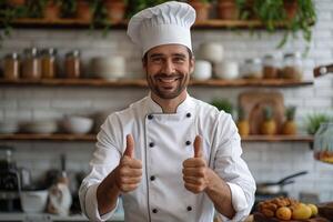 ai generiert Porträt von ein lächelnd männlich Koch zeigen Daumen oben im das Küche foto
