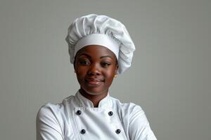 ai generiert jung afrikanisch amerikanisch weiblich Koch im Weiß Uniform und Hut. foto