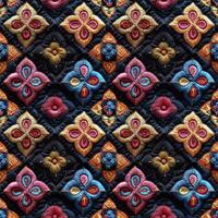 ai generiert nahtlos Textil- Hintergrund, bunt Patchwork gemacht von gestickt Stücke von Stoff foto