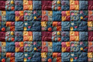 ai generiert nahtlos Textil- Hintergrund, bunt Patchwork Decke gemacht von Stücke von Stoff foto