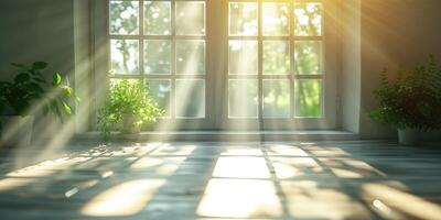 ai generiert Sonne scheint in das Zimmer durch das Glas Türen foto