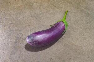 ein Aubergine oder lila Solanum melongena Lügen auf ein hölzern Tafel foto