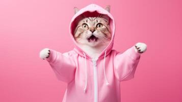 ai generiert Fashion Forward Katze im Sonnenbrille und Kapuzenpullover Streiks ein spielerisch Pose auf ein Rosa Hintergrund, mit reichlich Raum zum Ihre Text foto