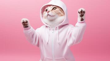 ai generiert Fashion Forward Katze im Sonnenbrille und Kapuzenpullover Streiks ein spielerisch Pose auf ein Rosa Hintergrund, mit reichlich Raum zum Ihre Text foto