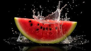 ai generiert Wassermelone mit Wasser Spritzen isoliert auf schwarz Hintergrund. frisch Frucht. foto