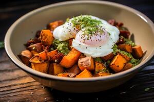 ai generiert Schüssel von Andenhirse mit gebraten Ei und Kürbis, gesund Essen foto