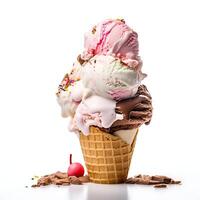 ai generiert Eis Sahne im Waffel Kegel mit spritzt und Tropfen isoliert auf Weiß Hintergrund foto