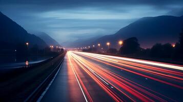 ai generiert Beleuchtung von Autos mit Nacht. lange Exposition Foto genommen im China.