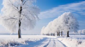 ai generiert Winter Landschaft mit Bäume bedeckt mit Raureif auf ein sonnig Tag foto