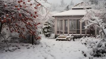 ai generiert Schnee bedeckt Blume Töpfe im ein Gewächshaus auf ein schneebedeckt Winter Tag. foto