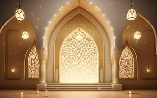 ai generiert Illustration von Ramadan kareem Hintergrund mit Moschee und golden Konfetti foto