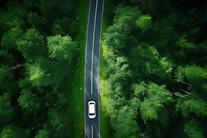 ai generiert Antenne Aussicht von Autobahn im das Wald. oben Aussicht von Drohne. foto