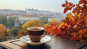 ai generiert Kaffee Tasse auf Tabelle mit schön Herbst Landschaft und Stadt Hintergrund foto