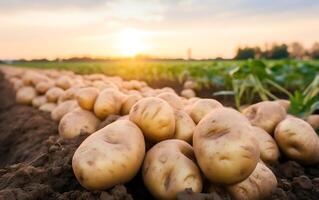 ai generiert frisch gegraben Kartoffeln Lügen auf das Boden im das Feld foto