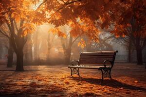 ai generiert Bank im das Park beim Sonnenaufgang. Herbst Landschaft mit Sonnenstrahlen foto