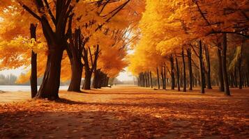 ai generiert Herbst Park Gasse mit gefallen Blätter und Bank im nebelig Morgen foto