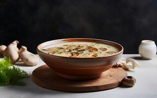 ai generiert Pilz Suppe im Lehm Topf auf hölzern Tisch, Nahansicht foto