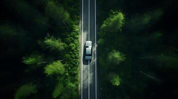 ai generiert Auto Fahren auf das Straße durch das Wald. 3d Wiedergabe. foto
