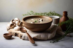 ai generiert Pilz Suppe im ein Lehm Topf auf ein dunkel Hintergrund. foto