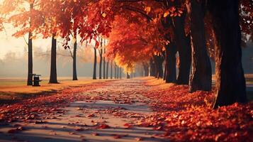 ai generiert Herbst Landschaft mit See und Bäume im das Park. schön Natur Szene foto