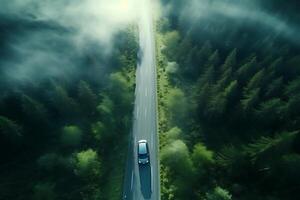 ai generiert Antenne Aussicht von Autobahn im das Wald. oben Aussicht von Drohne. foto