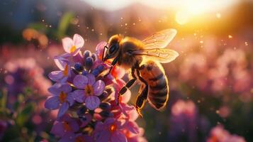 ai generiert Frühling Symphonie. Blumen, Insekten und Vögel. foto