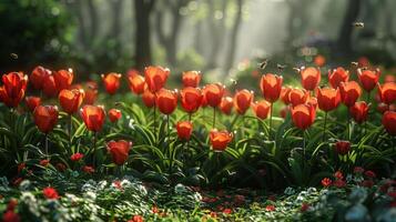 ai generiert Frühling Symphonie. Blumen, Insekten und Vögel. foto