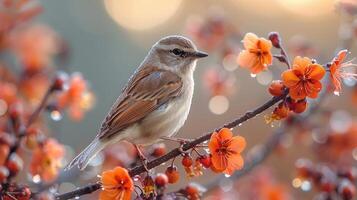 ai generiert Frühling Symphonie. Blumen, Insekten und Vögel. foto