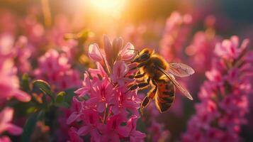 ai generiert Frühling Symphonie. Blumen, Insekten und Vögel. foto