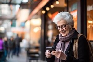 ai generiert glücklich alt Senior Frau, Oma mit Handy, Mobiltelefon Telefon, lächelnd, suchen beim Smartphone, SMS schreiben. foto