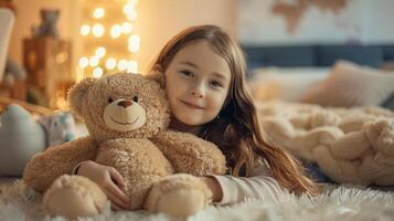 ai generiert kaukasisch Mädchen mit lange Haar spielen mit ein süß Teddy Bär im ein gemütlich, im modernen Stil Spielzimmer. das Atmosphäre strahlt Wärme foto