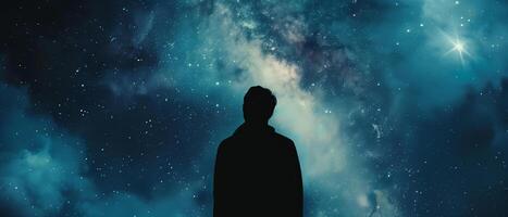 ai generiert ein Silhouette von ein Mann Stehen gegen das Hintergrund von ein fest, dunkel Blau Galaxis im Raum foto