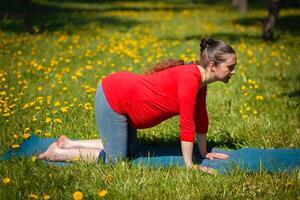 schwanger Frau tun Asana bitilasana draußen foto