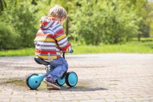 aktiv blond Junge Reiten Balance Fahrrad oder Lauf Fahrrad draussen Park foto