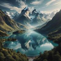 ai generiert ein See mit ein Berg im das Hintergrund foto