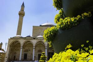 konya Sultan Selim Moschee und Pflanzen oder Blumen. Reise zu konya Konzept foto