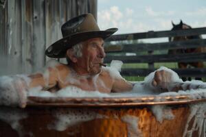 ai generiert ein Cowboy im ein Hut mit ein Zigarre ist Sitzung im ein Badewanne beim seine Ranch foto