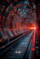 ai generiert modern Eisenbahn Tunnel mit Neon- Beleuchtung foto