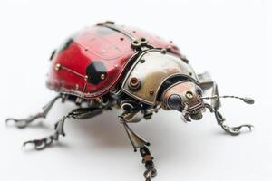 ai generiert ein mechanisch Marienkäfer auf ein Weiß Hintergrund. ein Käfer mit Mechanismen und Getriebe auf ein Weiß Hintergrund foto