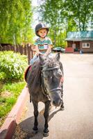 schön wenig Mädchen zwei Jahre alt Reiten Pony Pferd im groß Sicherheit Jockey Helm posieren draußen auf Landschaft foto