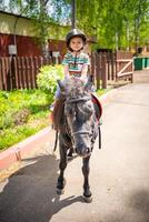 schön wenig Mädchen zwei Jahre alt Reiten Pony Pferd im groß Sicherheit Jockey Helm posieren draußen auf Landschaft foto