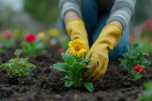 ai generiert Nahansicht von Gärtner weiblich Hände tragen Gelb Gummi Handschuhe, Pflanzen jung Gelb Blumen Sämlinge beim Garten Bett. Gartenarbeit Hintergrund Konzept. foto
