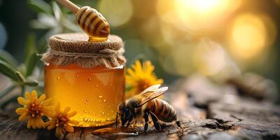 ai generiert Honig Krug mit Honig Schöpflöffel, Stock, Wiese Blumen und Biene auf hölzern Tabelle mit Kopieren Raum. Bienenzucht, natürlich Behandlung zum Husten, Stärkung das immun System Konzept. foto