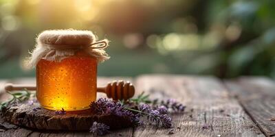 ai generiert Honig Krug mit Honig Schöpflöffel, Stock und Lavendel Blumen auf hölzern Tabelle mit Kopieren Raum. Bienenzucht, natürlich Behandlung zum Husten, Stärkung das immun System Konzept. foto