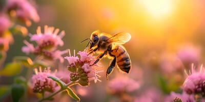 ai generiert Honig Biene bedeckt mit Gelb Pollen Sammeln Nektar von Wiese Blumen. Nahansicht Banner, Frühling und Sommer- Hintergrund. Bienenzucht, Tierwelt und Ökologie Konzept. foto