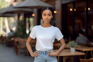 ai generiert jung Frau tragen Bella Segeltuch Weiß t Hemd und Jeans, beim ein gemütlich Restaurant auf Sommer Tag. Design T-Shirt Vorlage, drucken Präsentation Attrappe, Lehrmodell, Simulation. ai generiert. foto