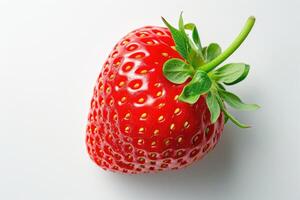 ai generiert ein detailliert Aussicht von ein beschwingt rot Erdbeere gefangen oben schließen auf ein einfach Weiß Hintergrund. foto