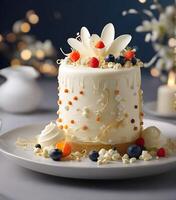 ai generiert ein schön Vanille Sahne Kuchen gefertigt im molekular Küche Stil foto